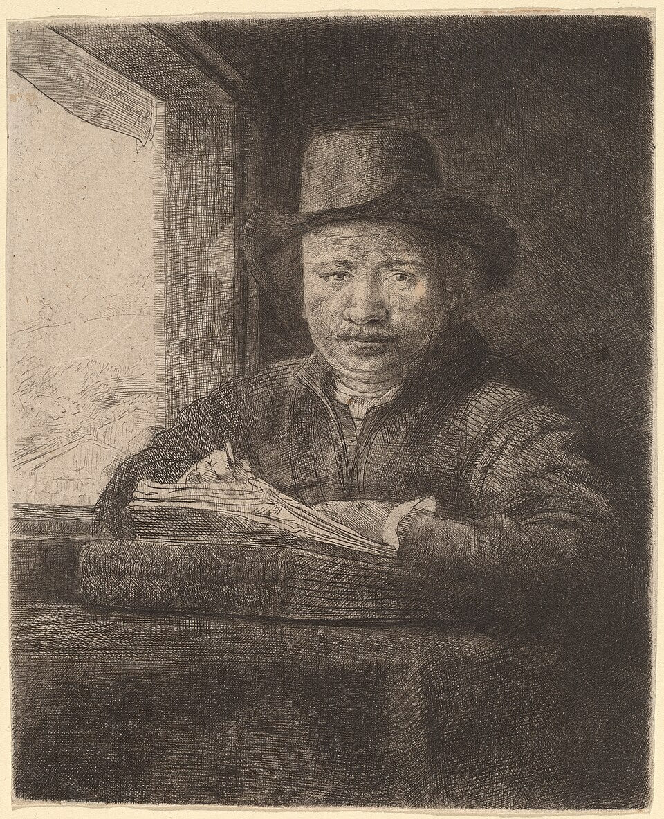렘브란트, 창가에서 그림 그리는 자화상, 1648, 에칭